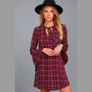 Rexford Burgundy Plaid Bell Sleeve Dress